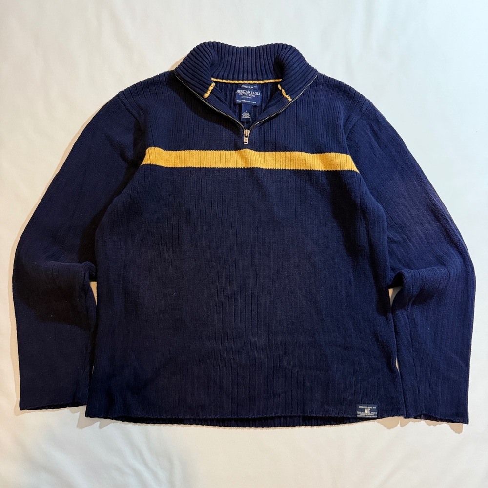 American Eagle Sweater Mens Large Navy Yellow Stripe 1/4 Zip Vintage Slim Fit